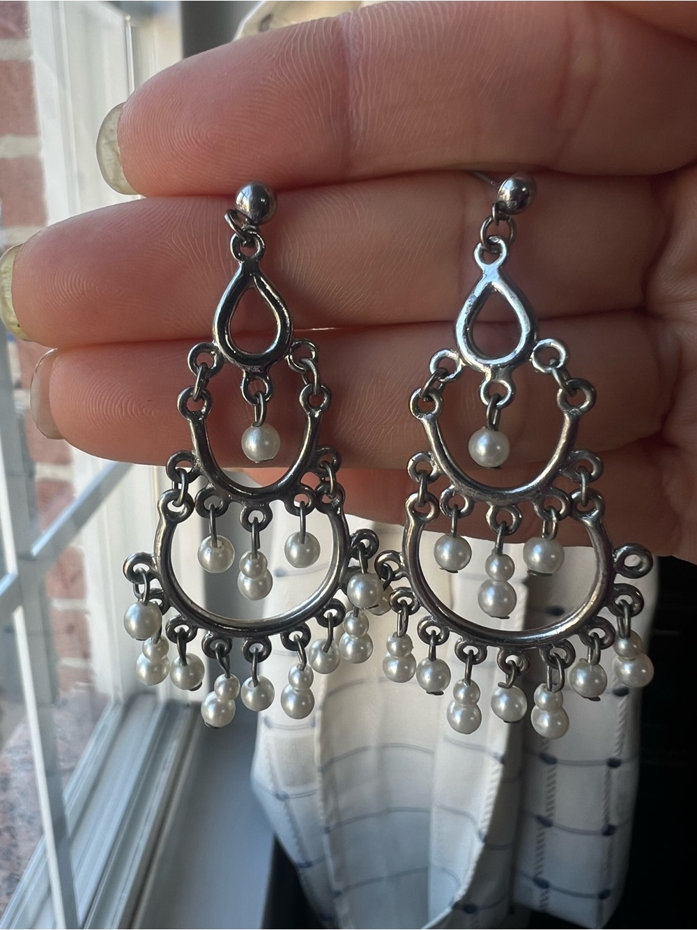 Silver-Tone Pearl Drop Chandelier Earrings - Classic White Pearls
